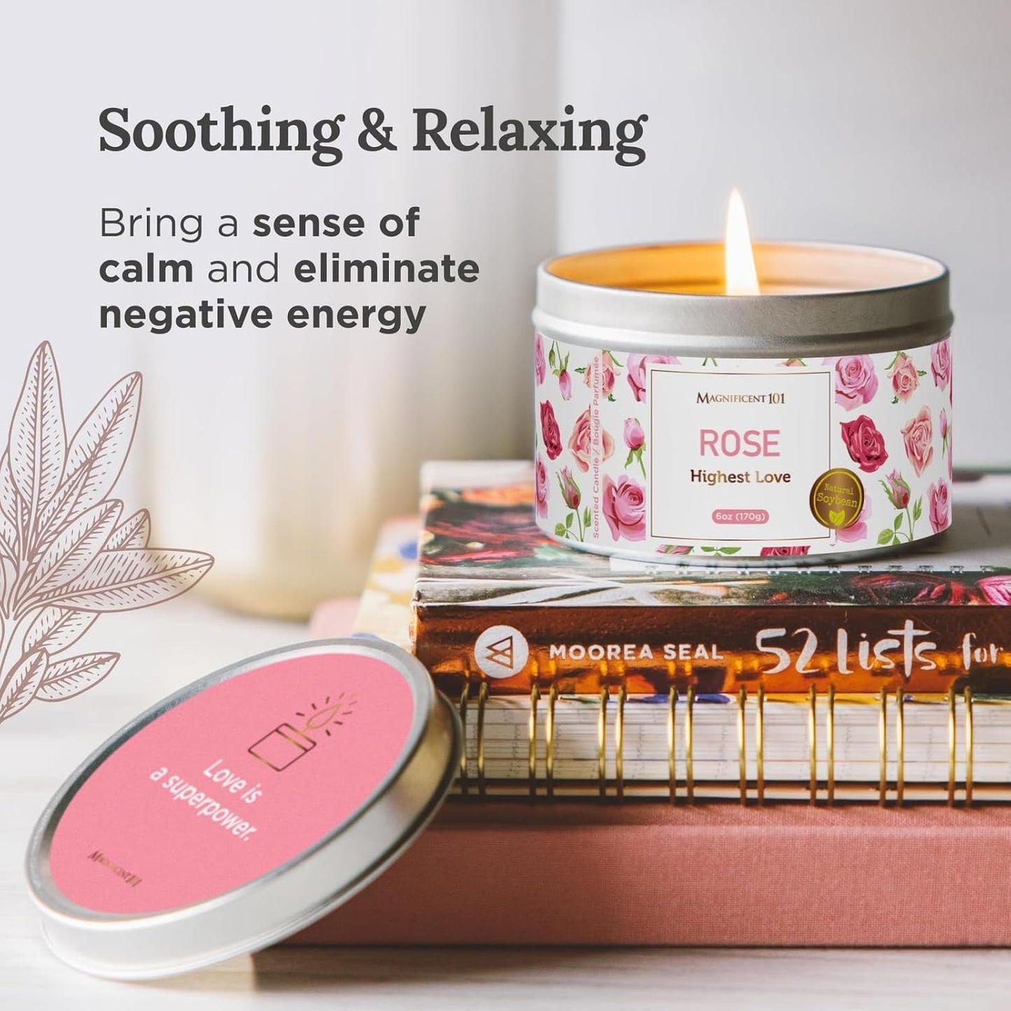 Long Lasting Flower Tin Candles with Rose Scented | 6 Oz - 35 Hour Burn | Made of Natural Soy Wax for Manifestation, Purification & House Energy Cleansing | Love Soars the Heart