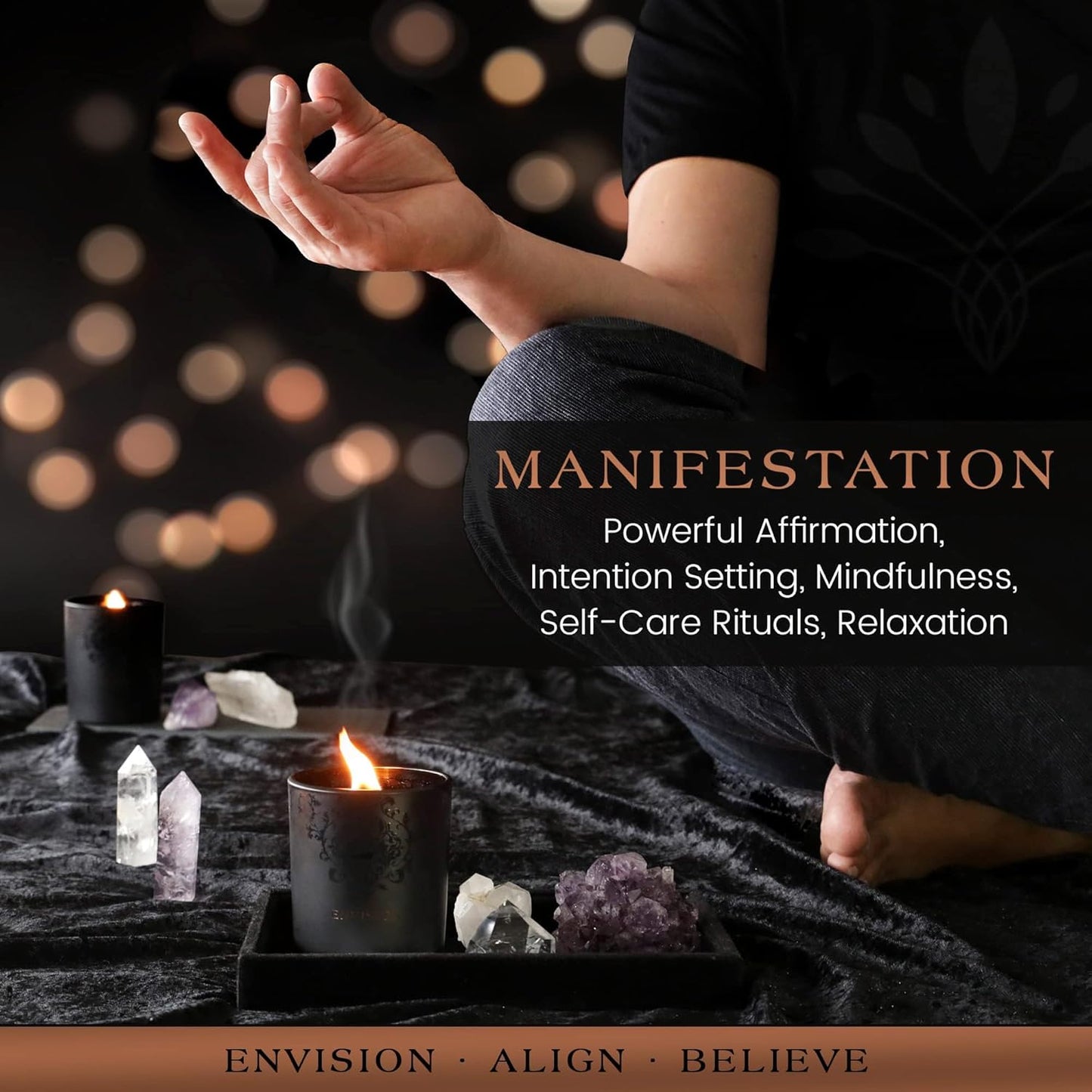 Scented Candle, Wood Wick, 7.4 Oz, Black - Luxurious, Powerful Manifestation Crystal Candle - Hand Poured with Natural Soy, Coconut and Beeswax - Essential Oils and Exotic Fragrance