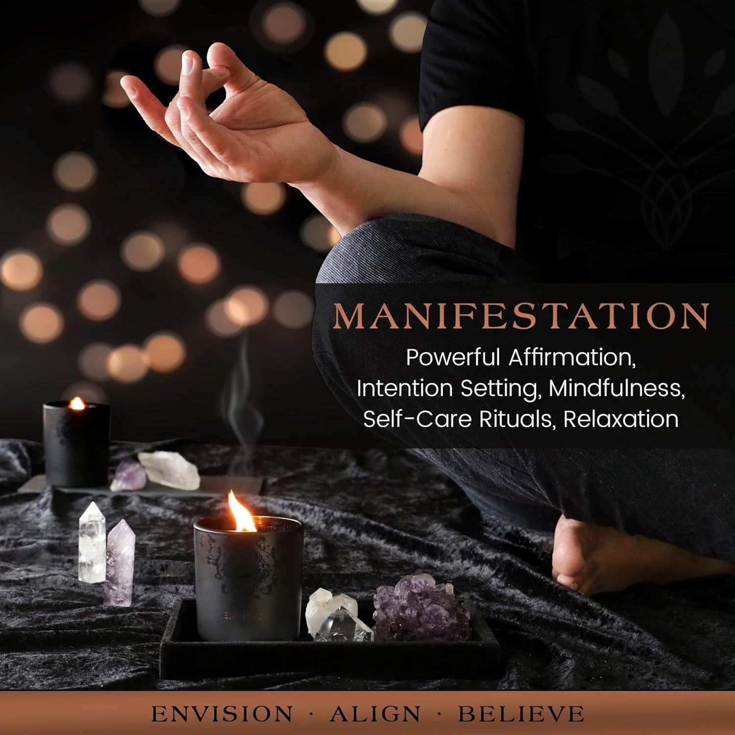 Scented Candle, Wood Wick, 7.4 Oz, Black - Luxurious, Powerful Manifestation Crystal Candle - Hand Poured with Natural Soy, Coconut and Beeswax - Essential Oils and Exotic Fragrance