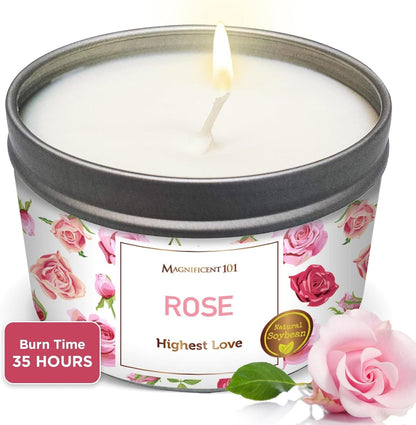 Long Lasting Flower Tin Candles with Rose Scented | 6 Oz - 35 Hour Burn | Made of Natural Soy Wax for Manifestation, Purification & House Energy Cleansing | Love Soars the Heart