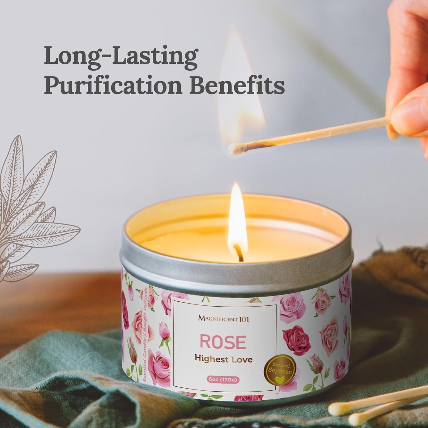 Long Lasting Flower Tin Candles with Rose Scented | 6 Oz - 35 Hour Burn | Made of Natural Soy Wax for Manifestation, Purification & House Energy Cleansing | Love Soars the Heart