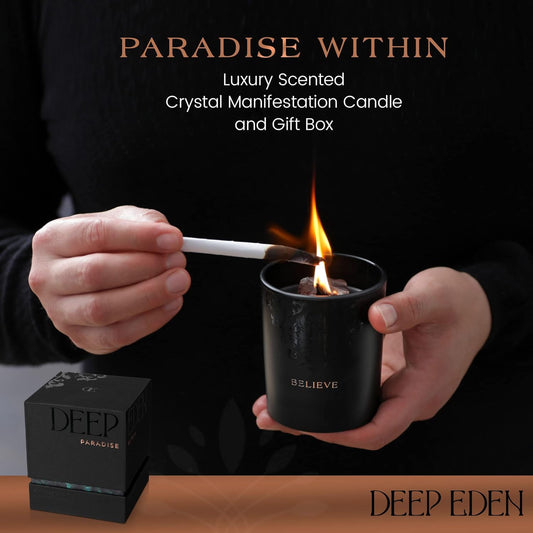 Scented Candle, Wood Wick, 7.4 Oz, Black - Luxurious, Powerful Manifestation Crystal Candle - Hand Poured with Natural Soy, Coconut and Beeswax - Essential Oils and Exotic Fragrance